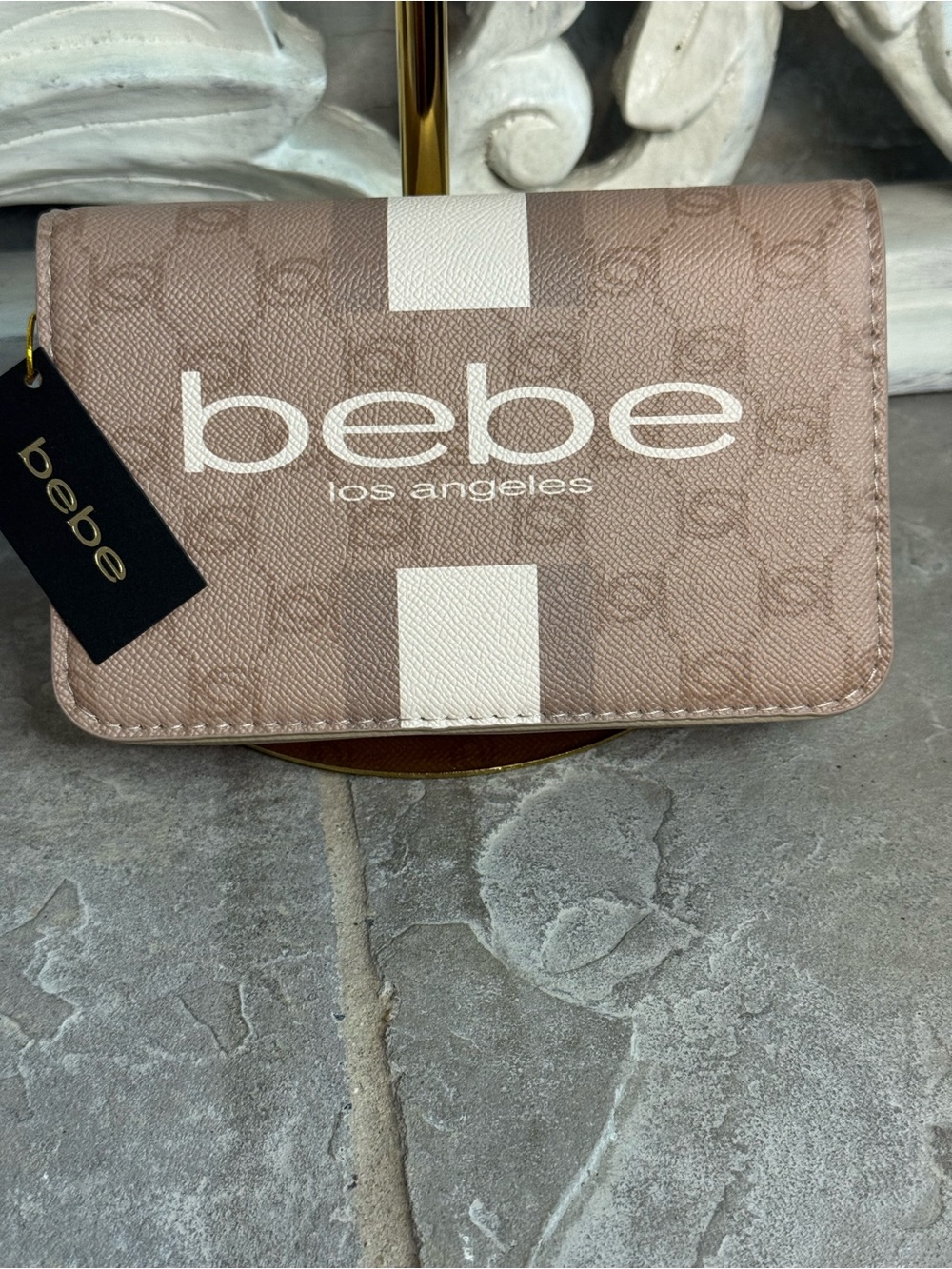 bebe Signature Logo Taupe Shoulder Bag with White Stripe NWT